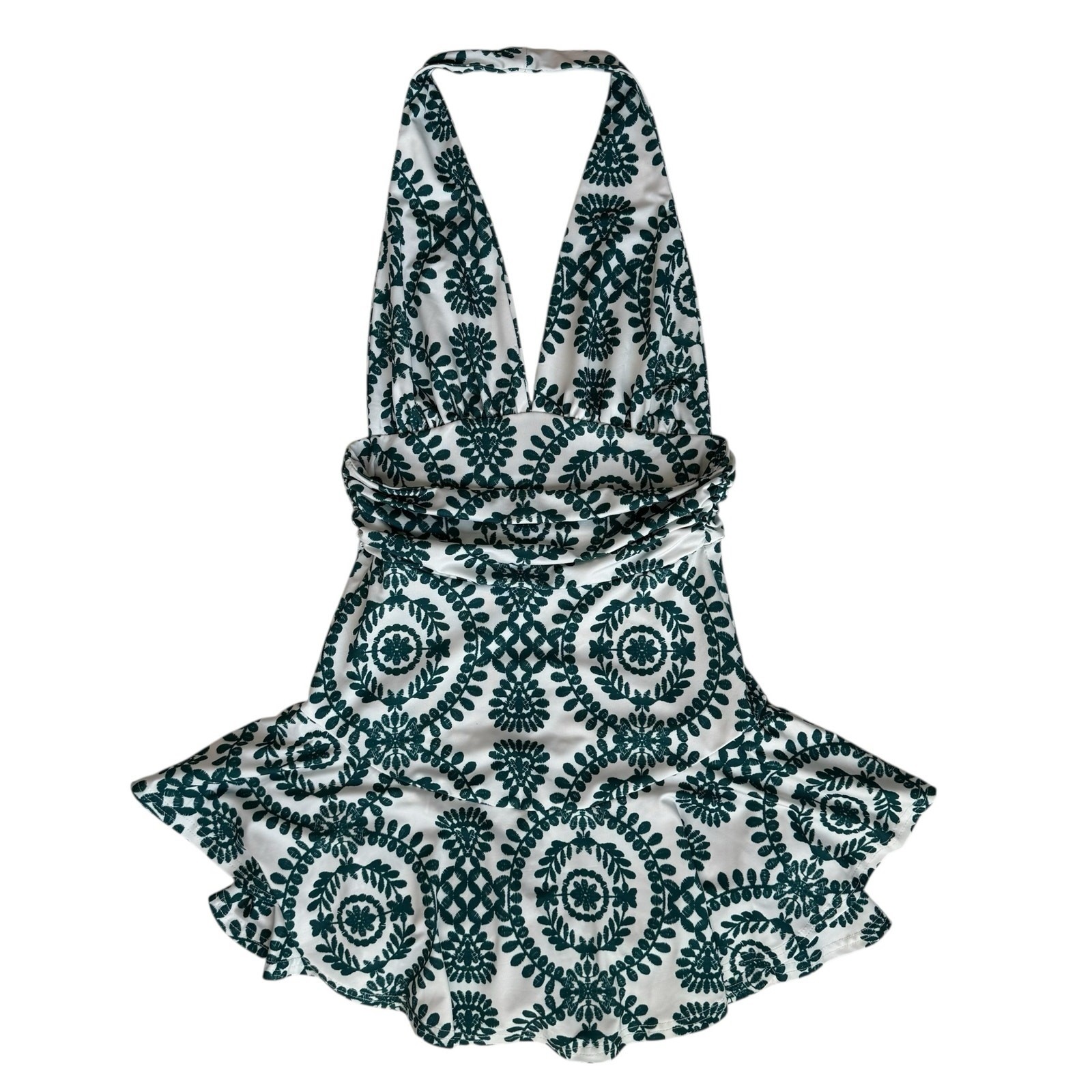 Womens Backless Halter Romper Small White Green Floral Print Ruffle Resort READ