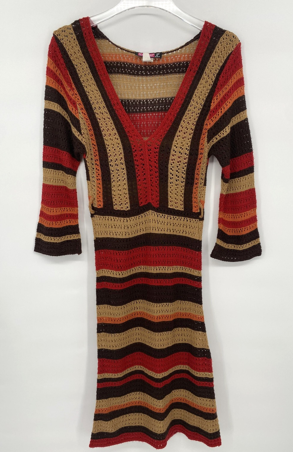 Vintage Y2K Say What Crochet Knit Midi Dress Large Striped Retro Mod Boho USA