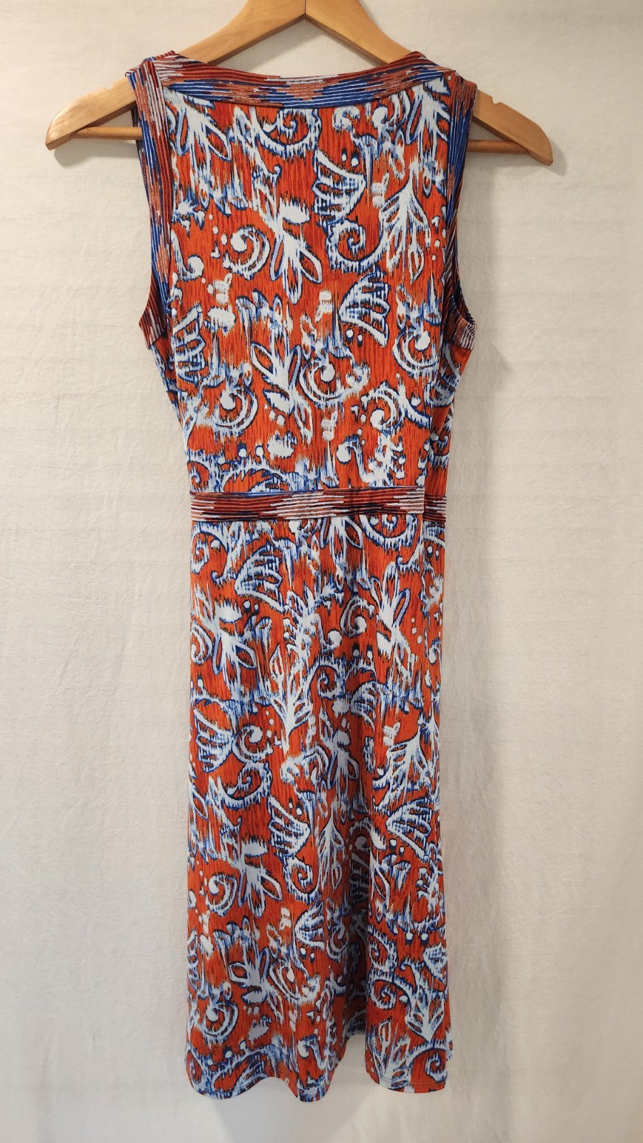 BCBGMAXAZRIA Orange Blue Ikat Print Hallee V-Neck Wrap Tie Dress Size XS