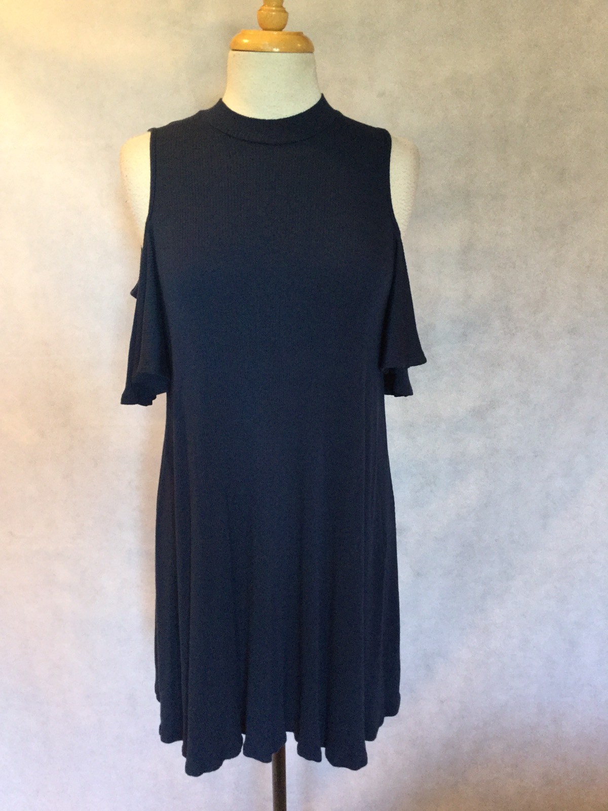AQUA DARK BLUE/NAVY SWEATER DRESS COLD SHOULDER MOCK NECK LARGE