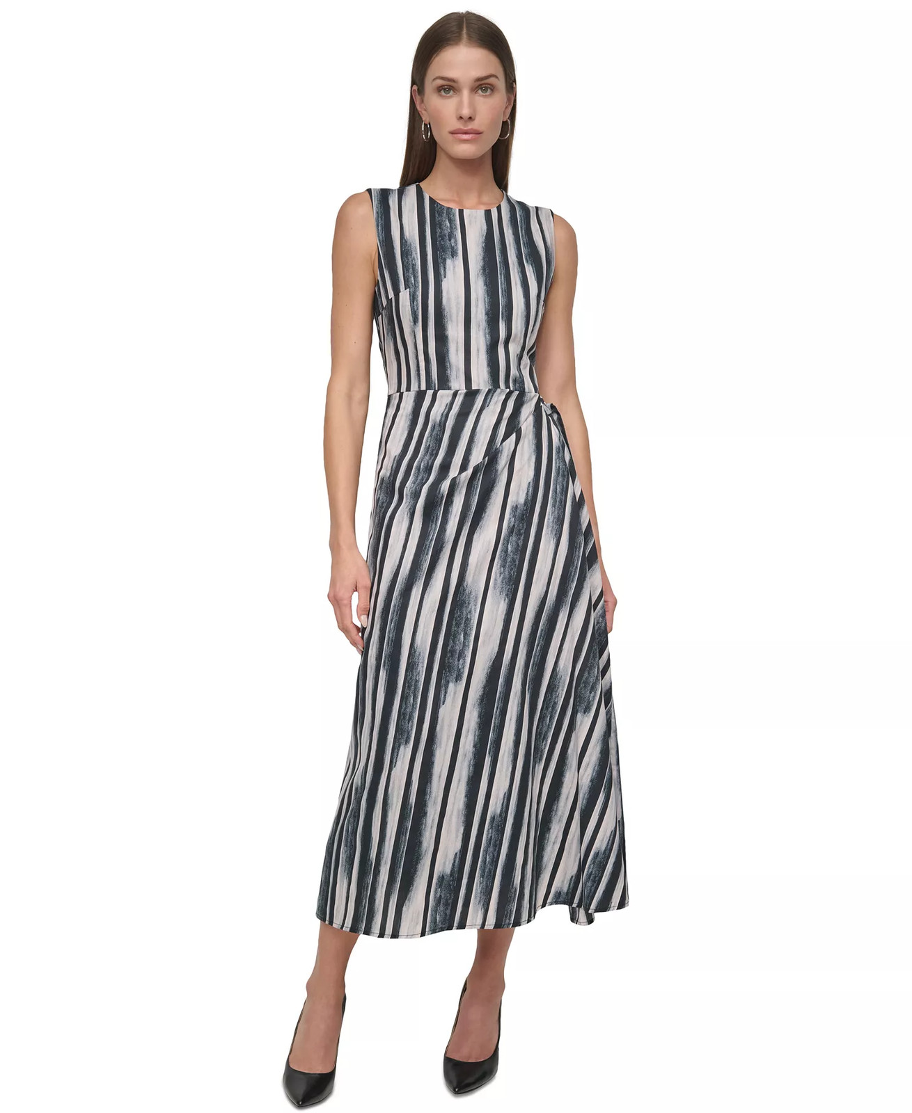 DKNY Faux Wrap Dress 6 Black Gray 100% Cotton Sleeveless Grommet NWT $139