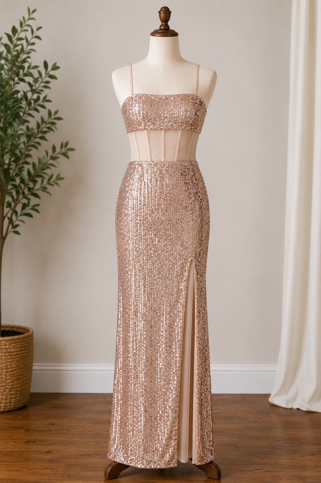 BCBGMAXAZRIA Rose Gold Sequin Sheer Corset Slit Maxi Dress Size Small NWT