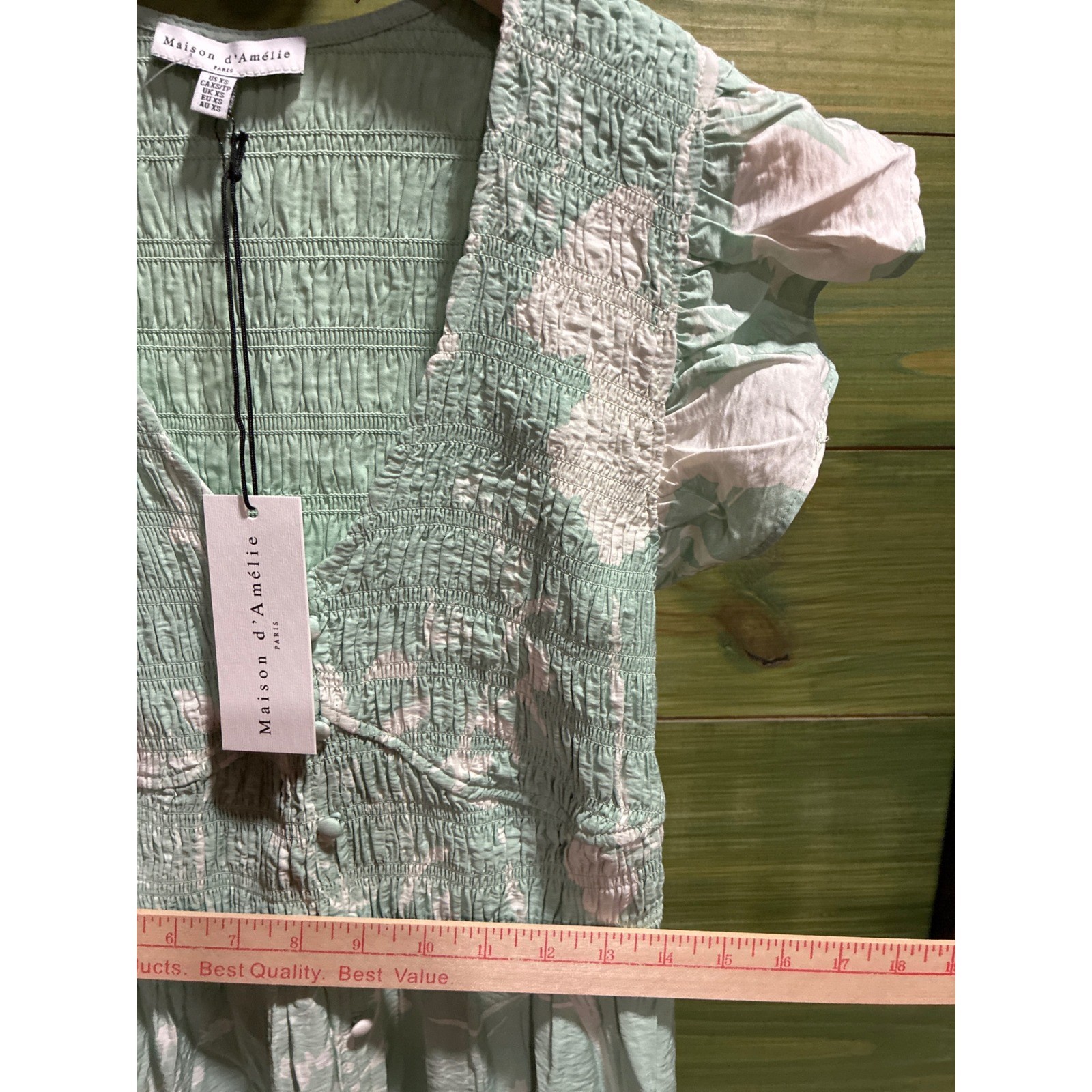 Maison d’Amelie Paris Mint Green Floral Smocked Maxi Dress Ruffle Sleeve XS NEW