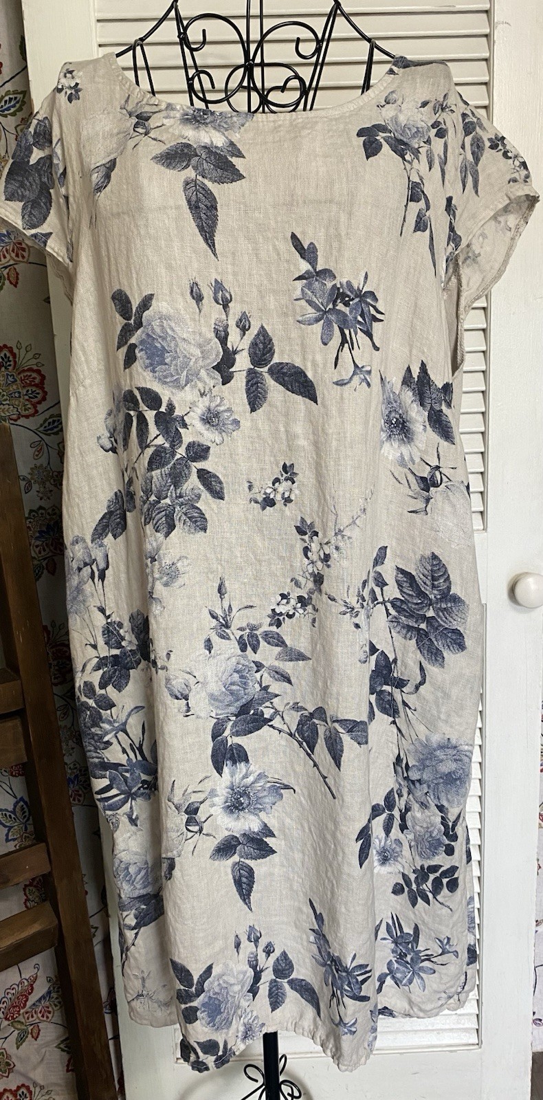 Lingo L’Arno 100% Linen Shift Dress Coastal Lagenlook Floral Made In Italy 2X