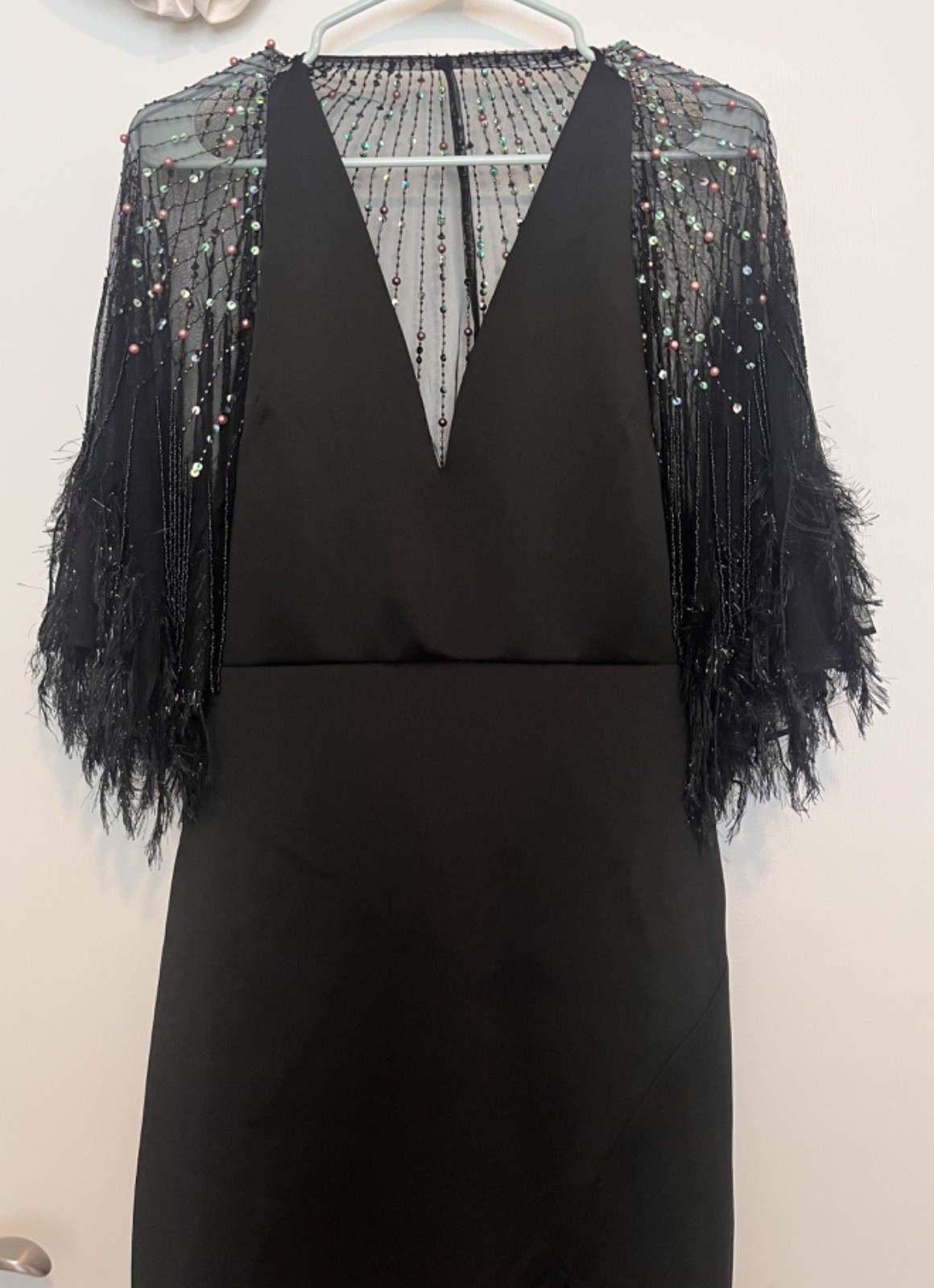 NWT ASOS DESIGN Black Faux Feather Beaded Cape Mini Halter Dress Sz 6