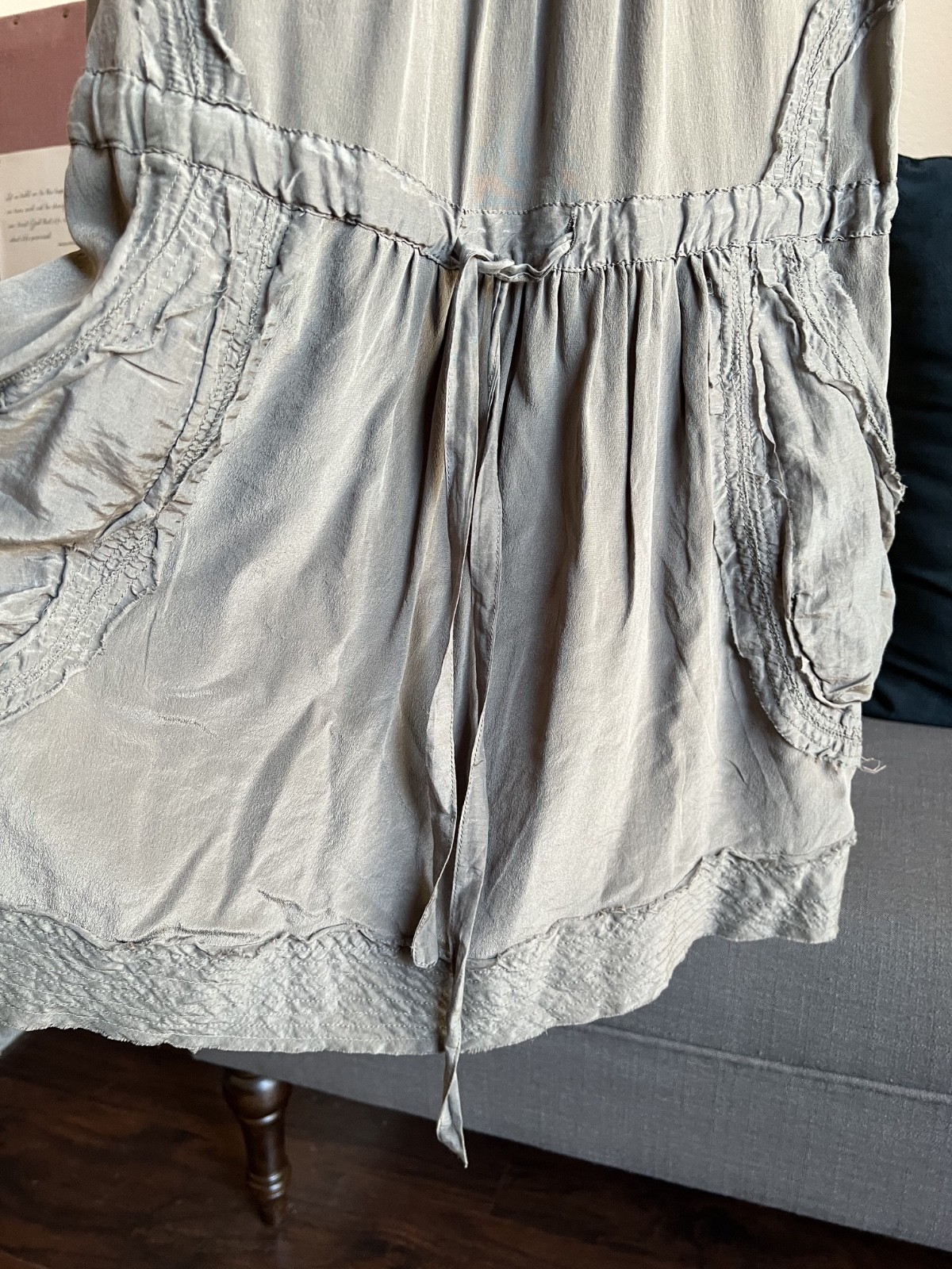 Monoreno Sleeves Army Green Silk Drawstring Boho Dress Size M