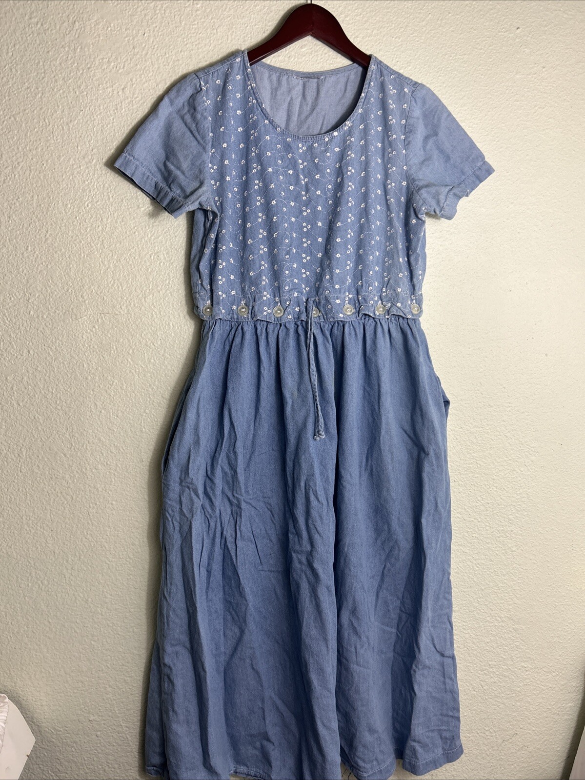 Vintage Chambray Women’s Medium Dress Blue Floral Elastic Waist Ankle Length