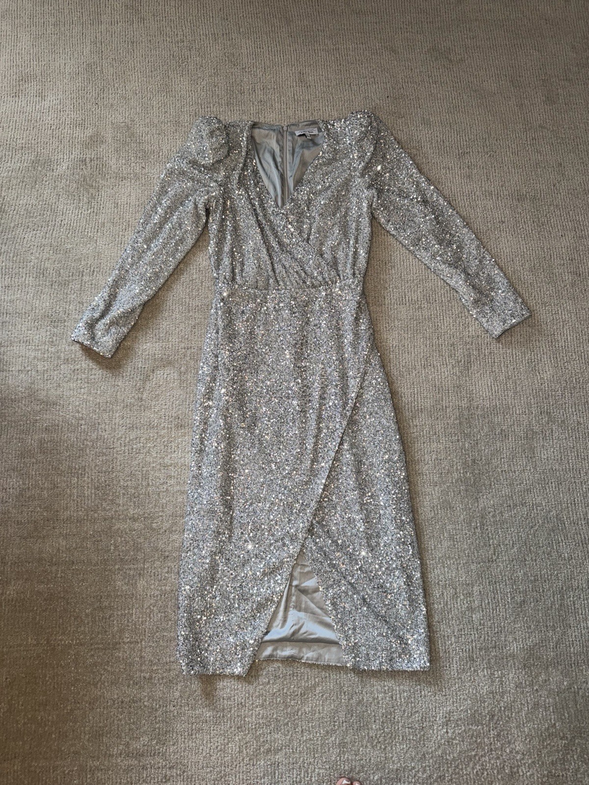 & Other Stories Silver Sequin V-Neck Wrap Midi Dress – Long Sleeve | Size 6