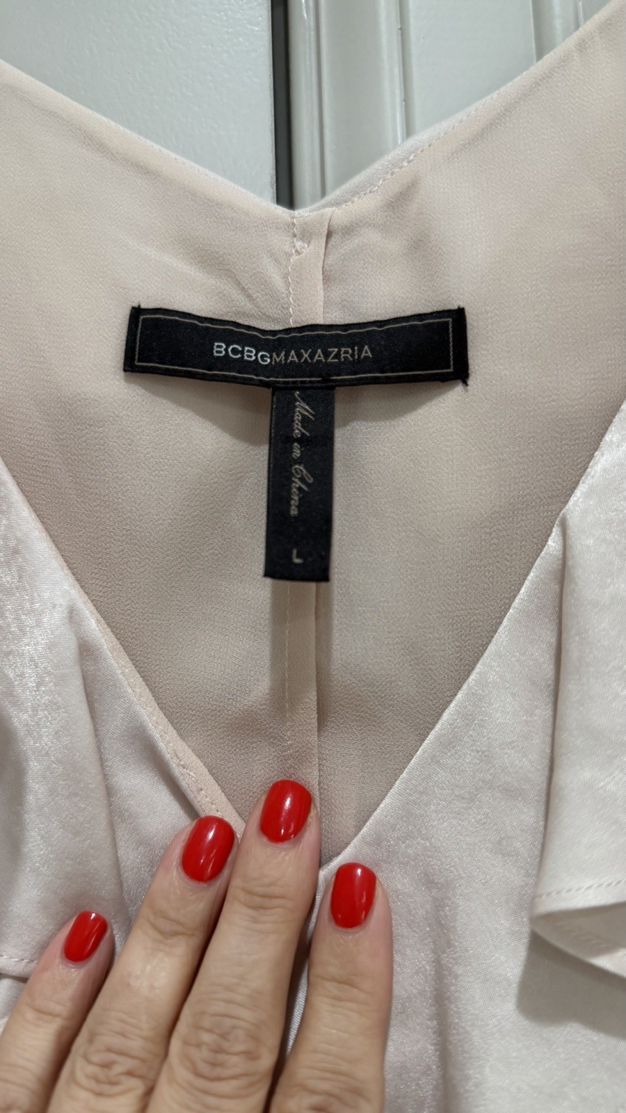 BCBGMaxAzria Off-Shoulder Ruffle Handkerchief Hem Dress in Stone Taupe Beige L