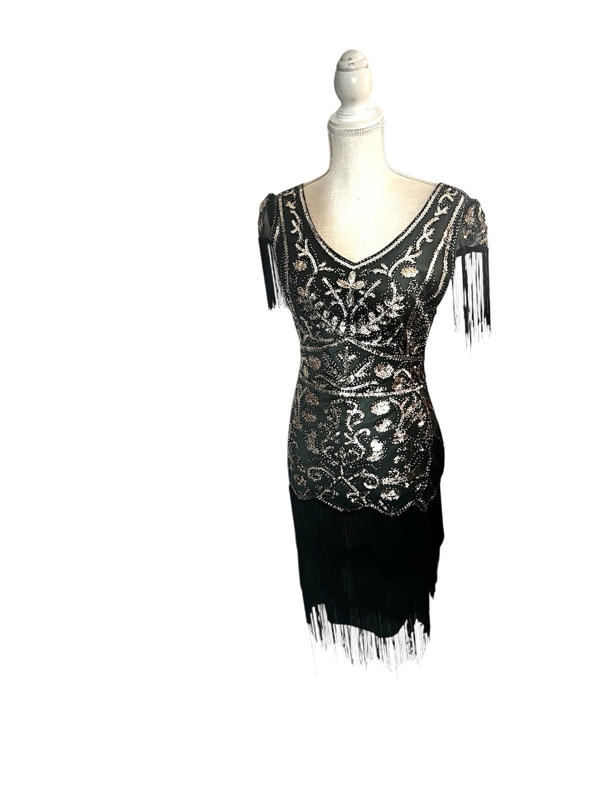 Emerald Green Sequin Flapper Art Deco Dress Green Black Gatsby 1920s Party Sz M