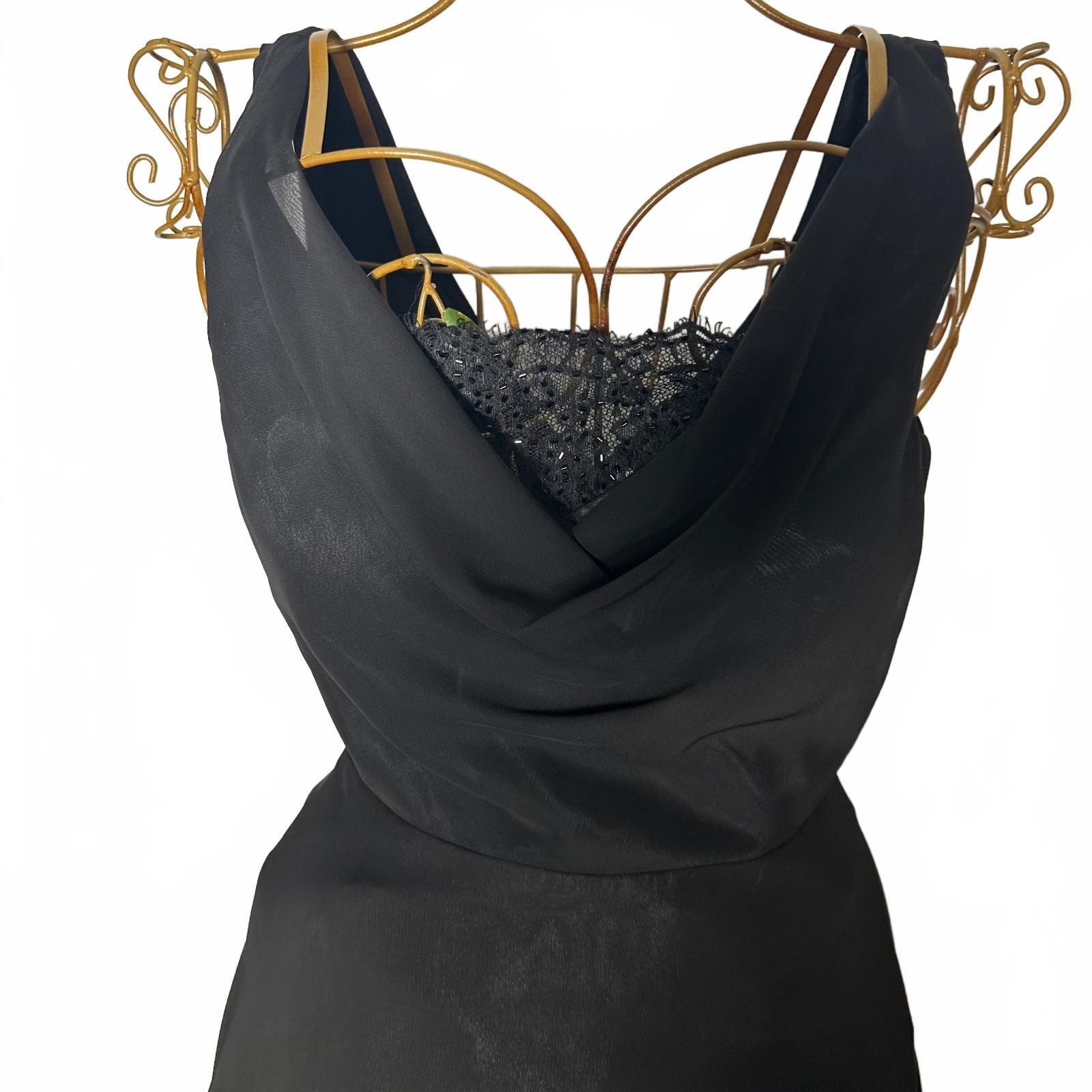 JS Boutique Black Chiffon Cowl Neck Midi Cocktail Dress Beaded Lace Size 4