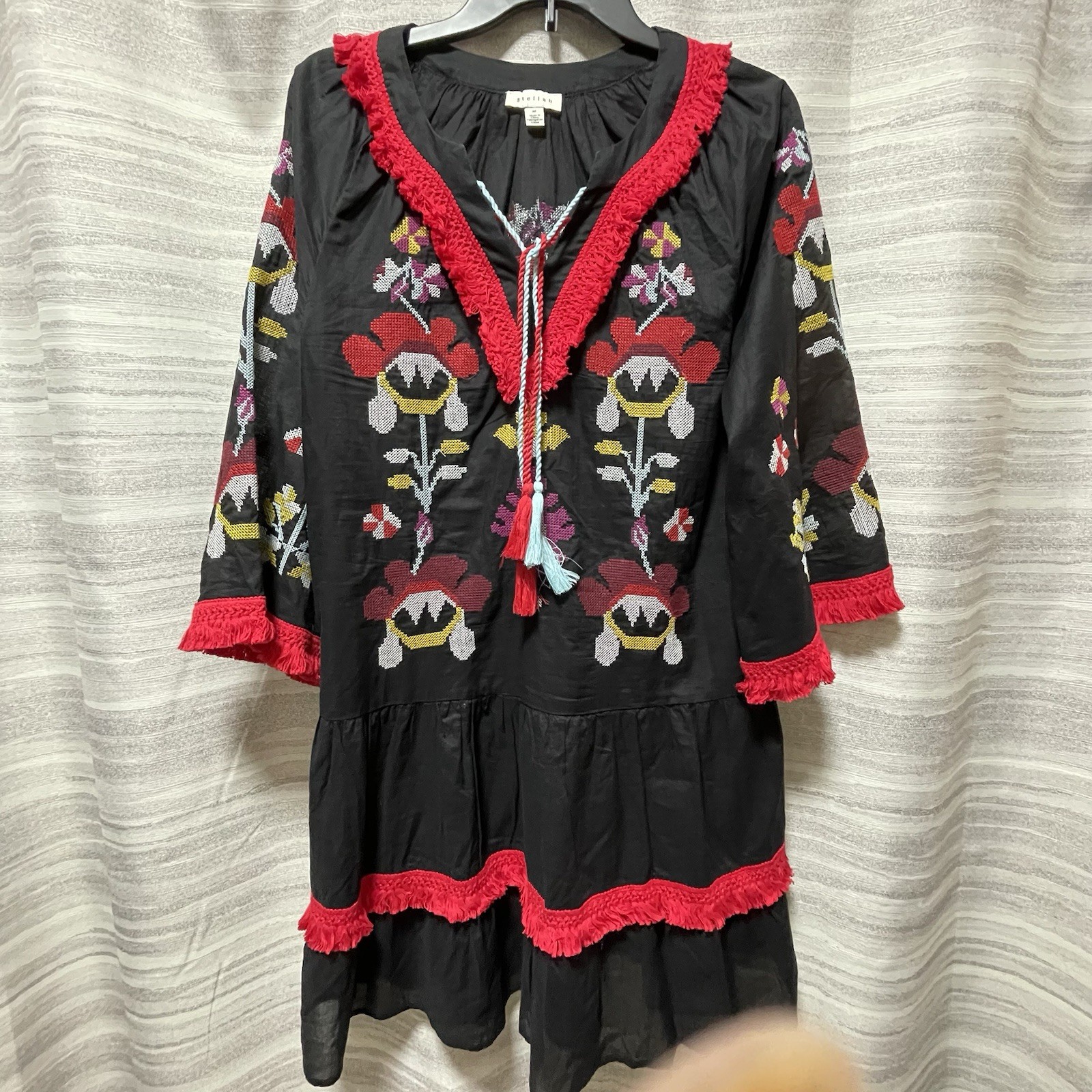 Anthropologie Stellah Black Embroided Dress Women Sz M Long Sleeve Mini Boho Art