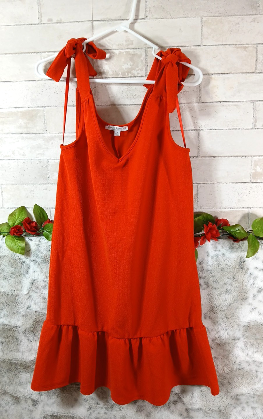 Green Envelope dress women Red Orange Large Ruffle Hem Babydoll Shoulder Tie Ups
