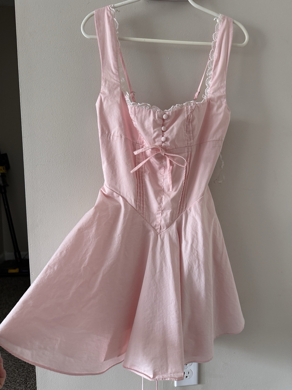 @BALANCE Pink Lace Trim Button Front Fit & Flare Mini Dress Square Neck M