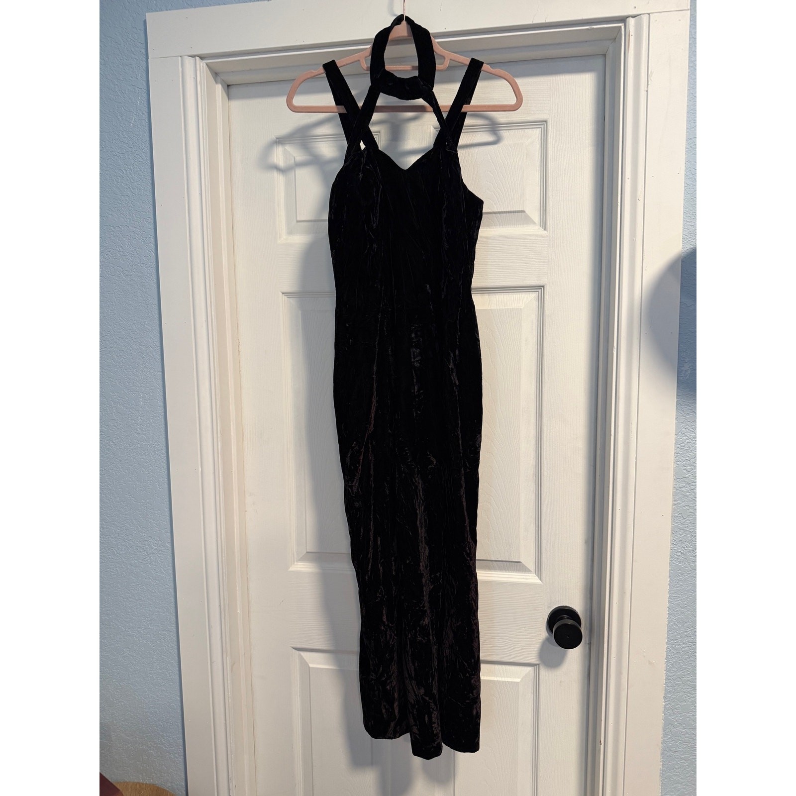 Vtg Blondie & Me Blk Crushed Velvet Halter Formal Maxi Dress – Sz 5/6 (SG32)