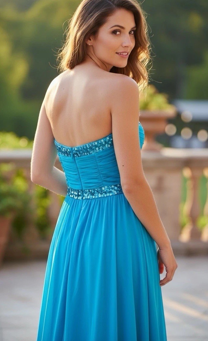 DECODE 1.8 Turquoise Sequins Sweetheart Strapless Formal Gown Sz 8