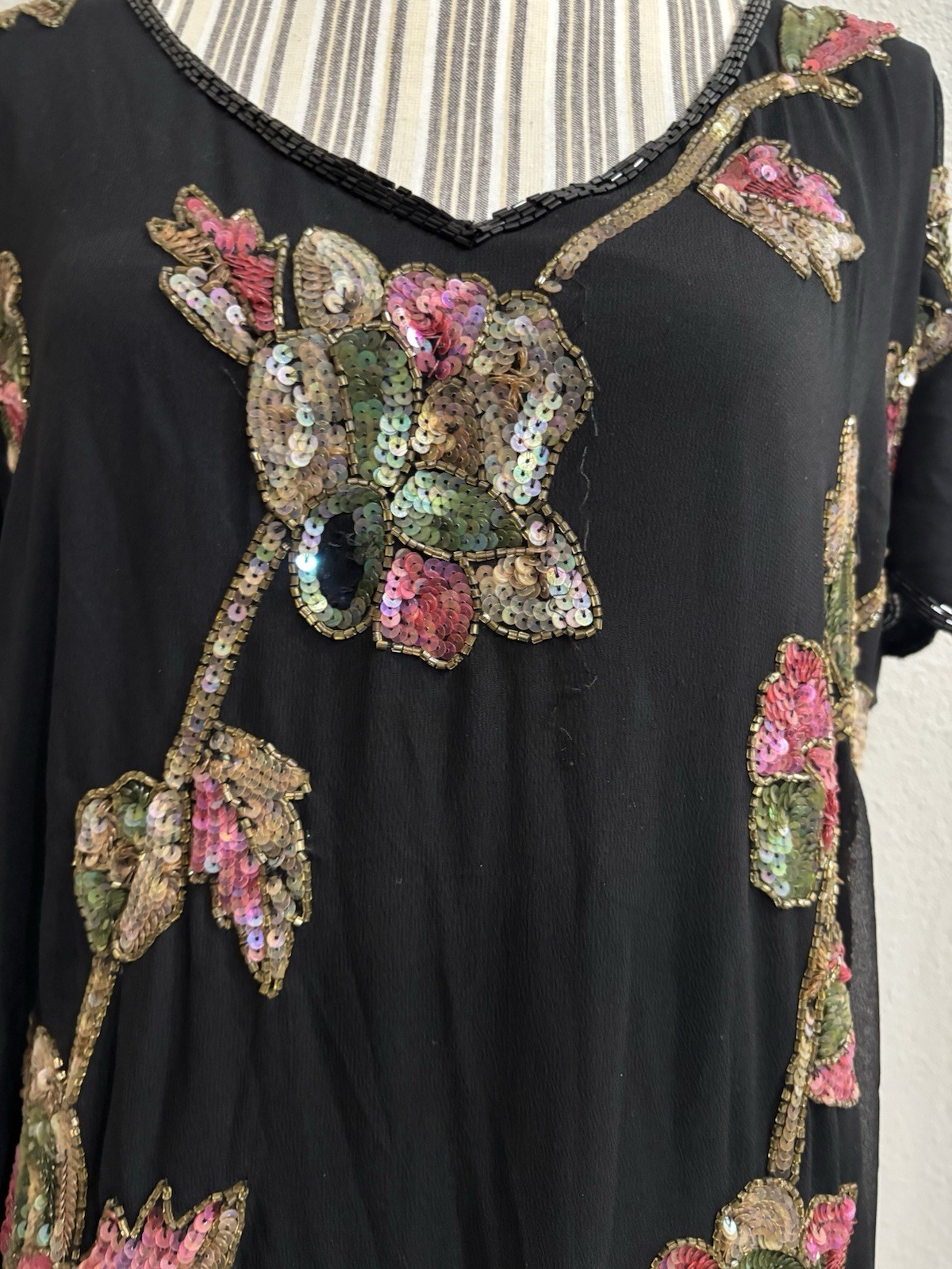 Alberto Makali Black Chiffon Sequin Floral Beaded Tunic Shift Mini Dress Size L