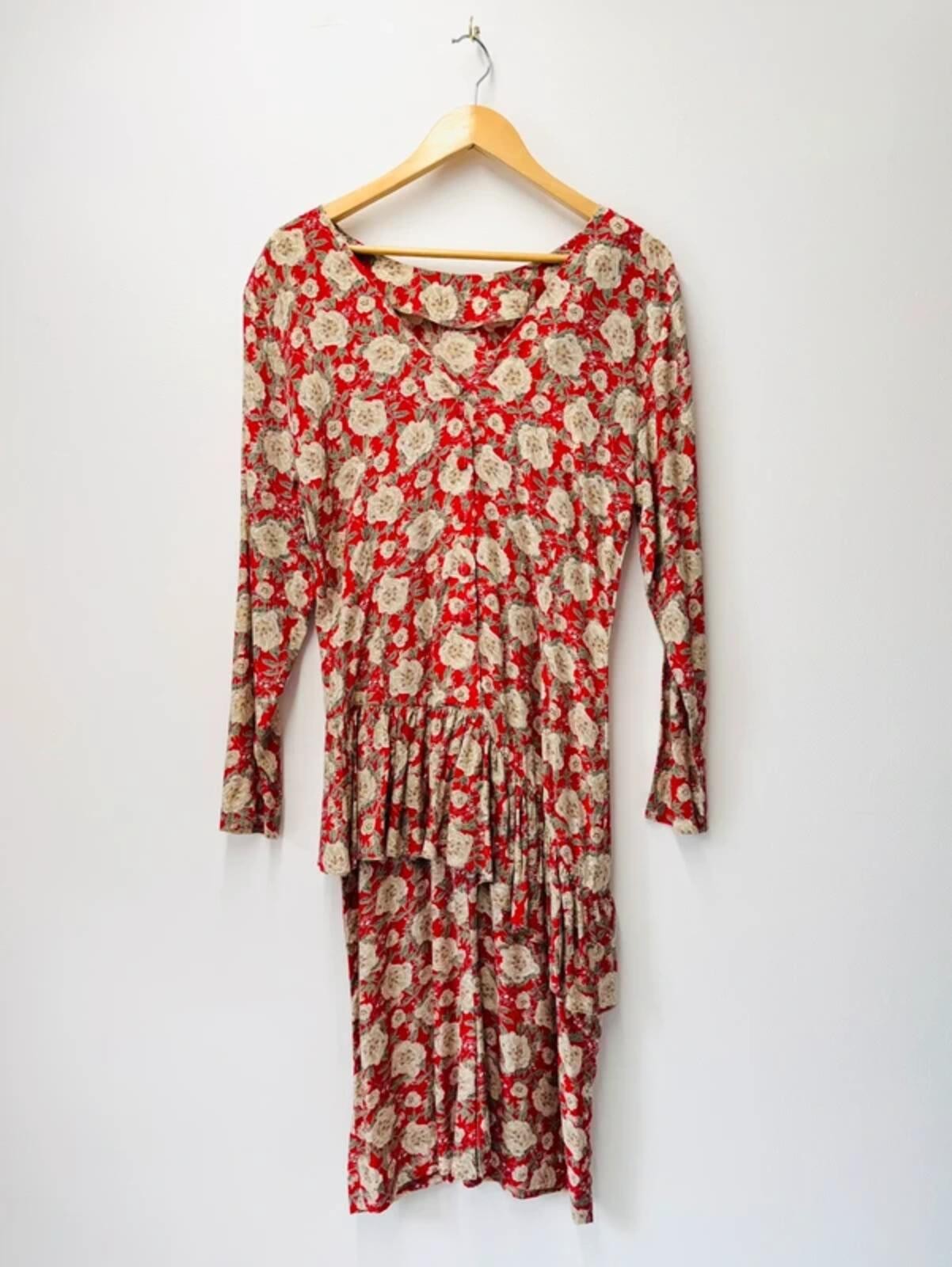 Vintage 80s Red Floral Ruffle Dress