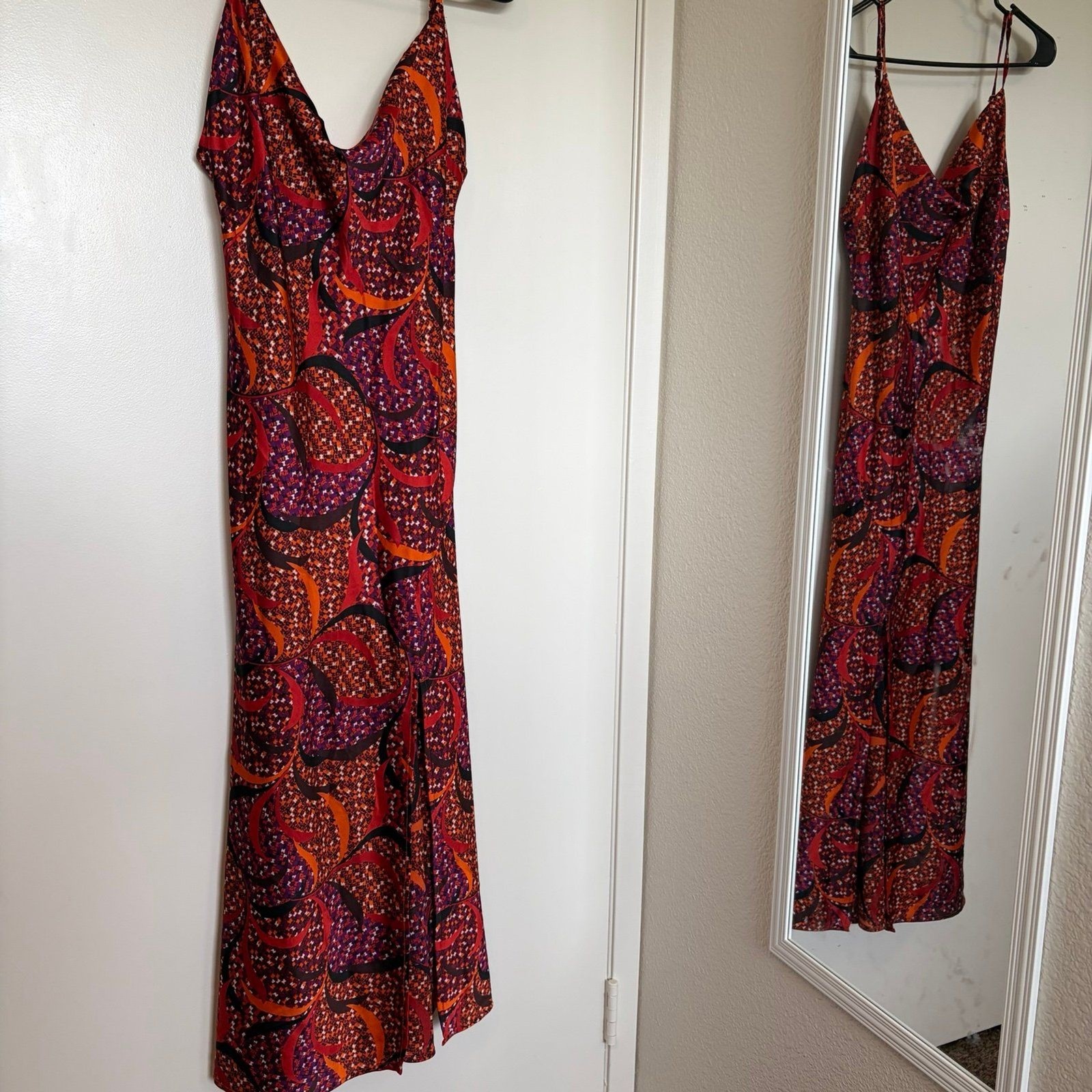 Paper Heart Whimsigoth Boho Maxi Dress – Red & Orange Abstract Slip Dress
