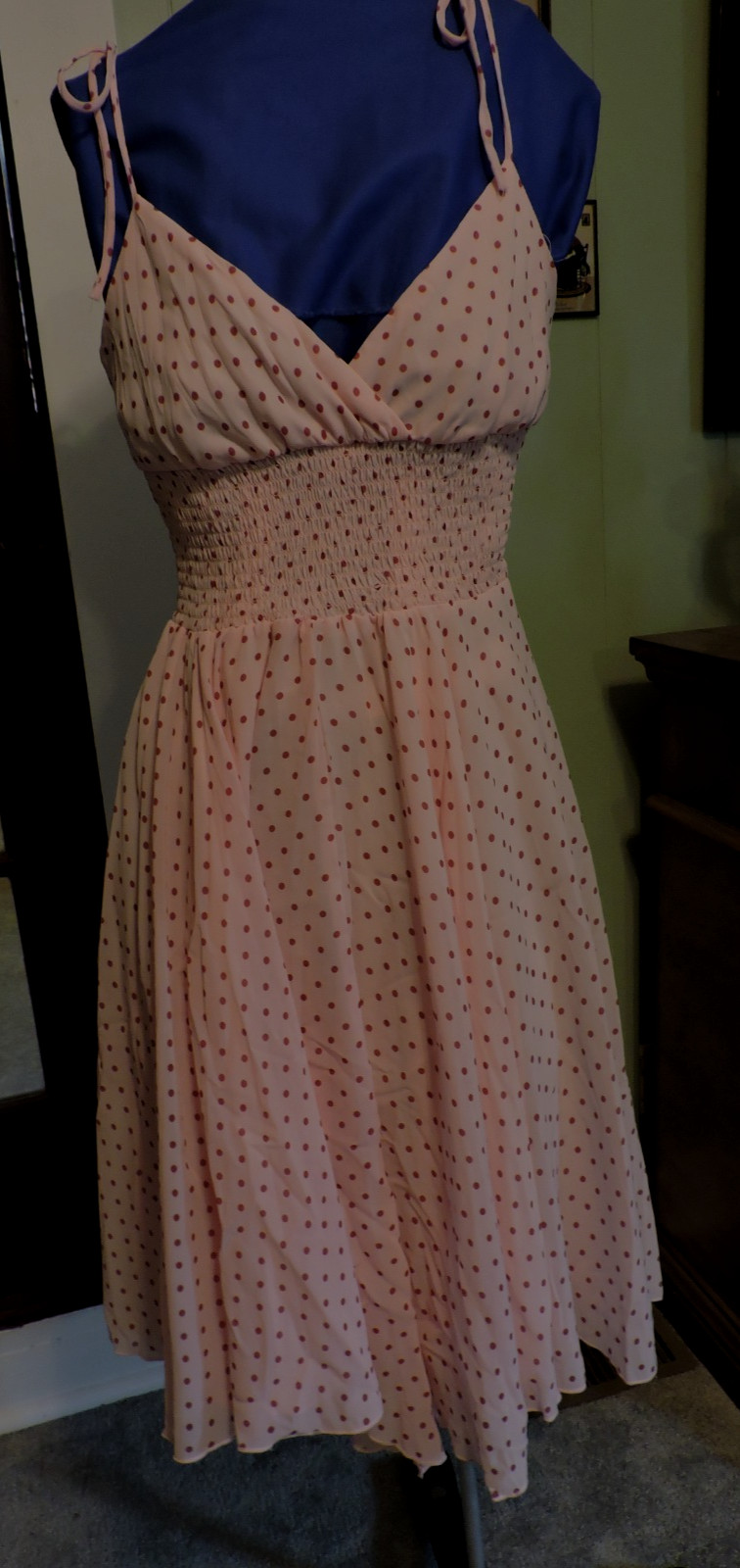 Kookai dress, light rose w/deeper rose polka dots, tie over shoulder