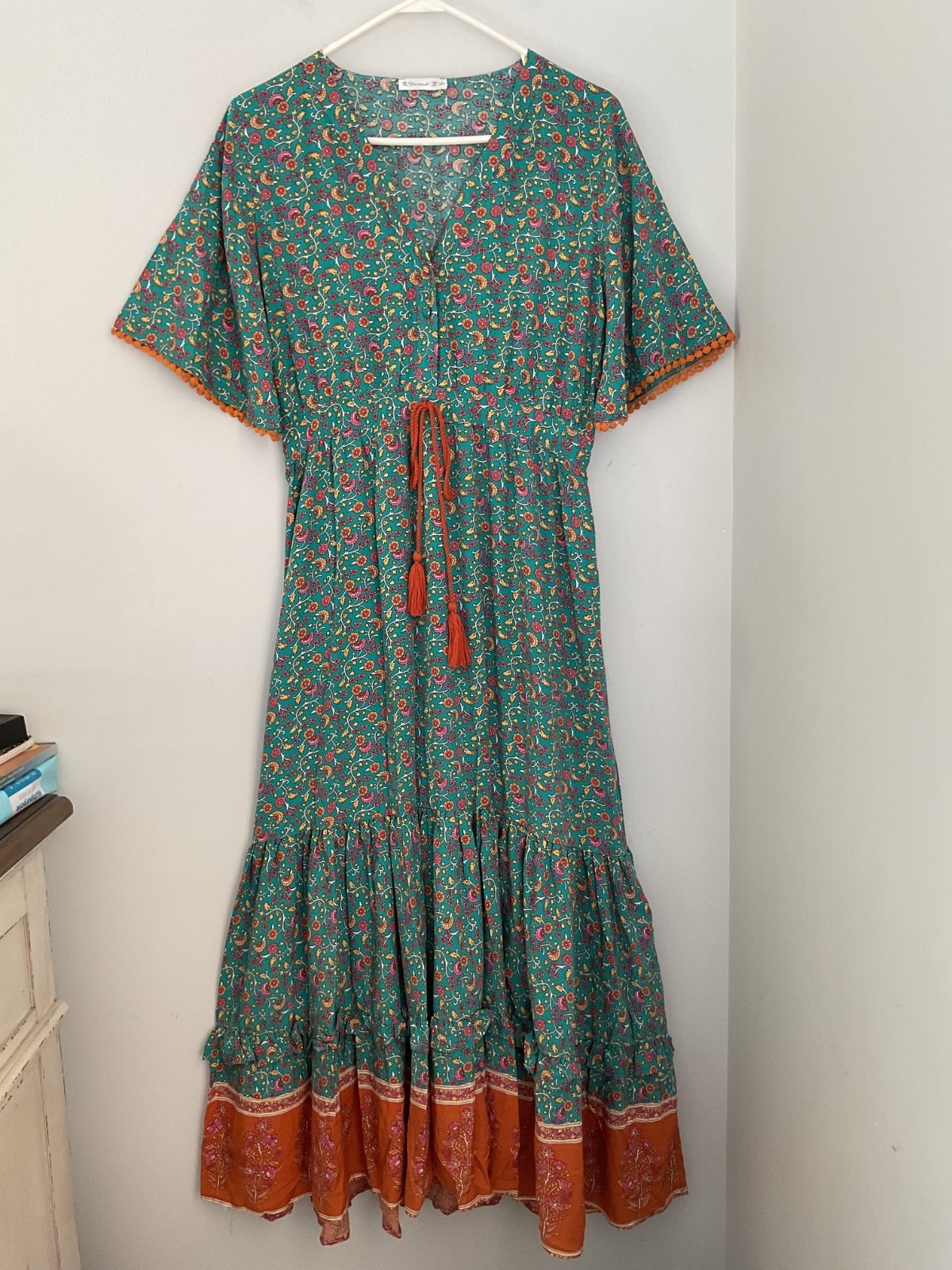 R.Vivimos Green Floral Boho Maxi Dress Short Sleeve Tassel Tiered Romanic XL