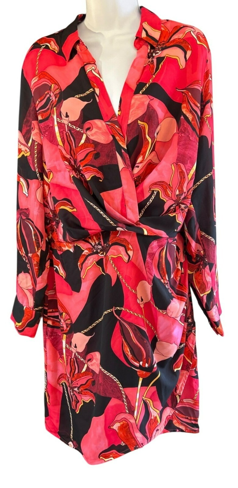 INC Concepts Red Black Gold 1960 Retro Print Long Sleeve Dress Knee Length Disco