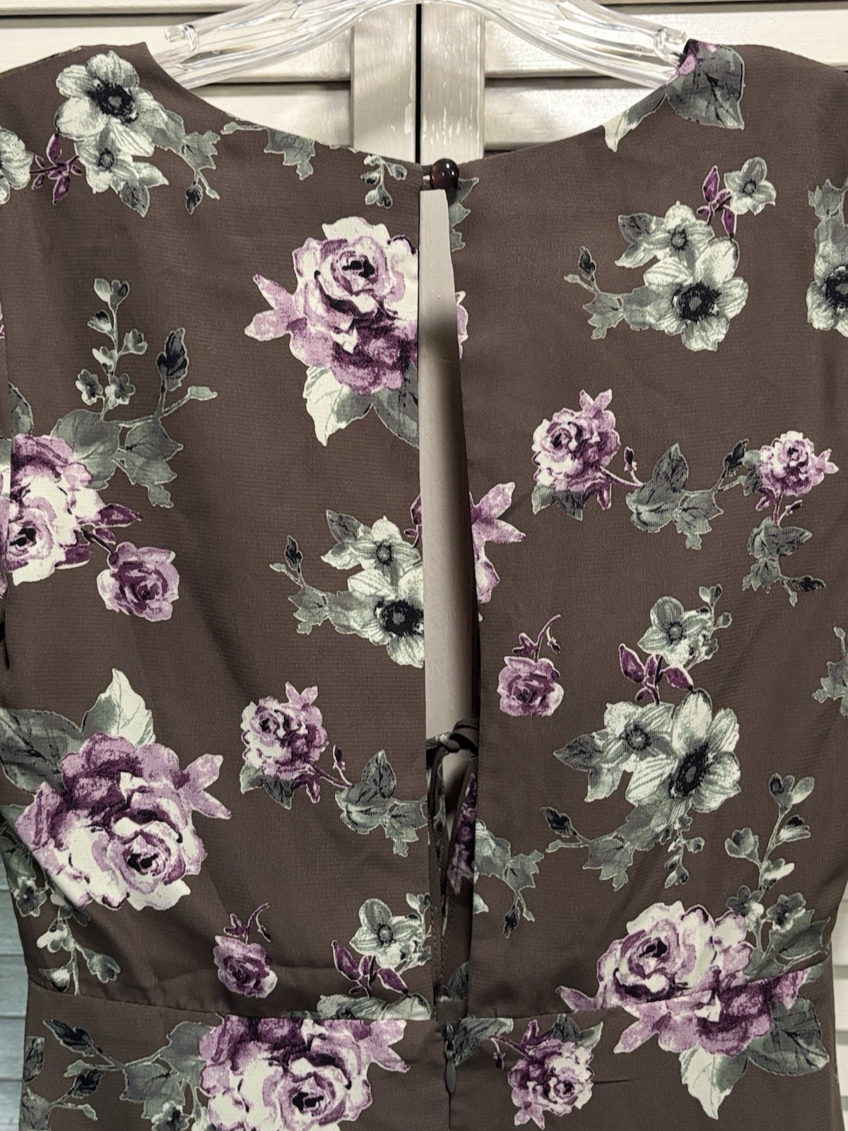 Storia Floral Gray/Purple Deep V Tie Chiffon Tie 3/4 Sleeve Midi Dress Size S