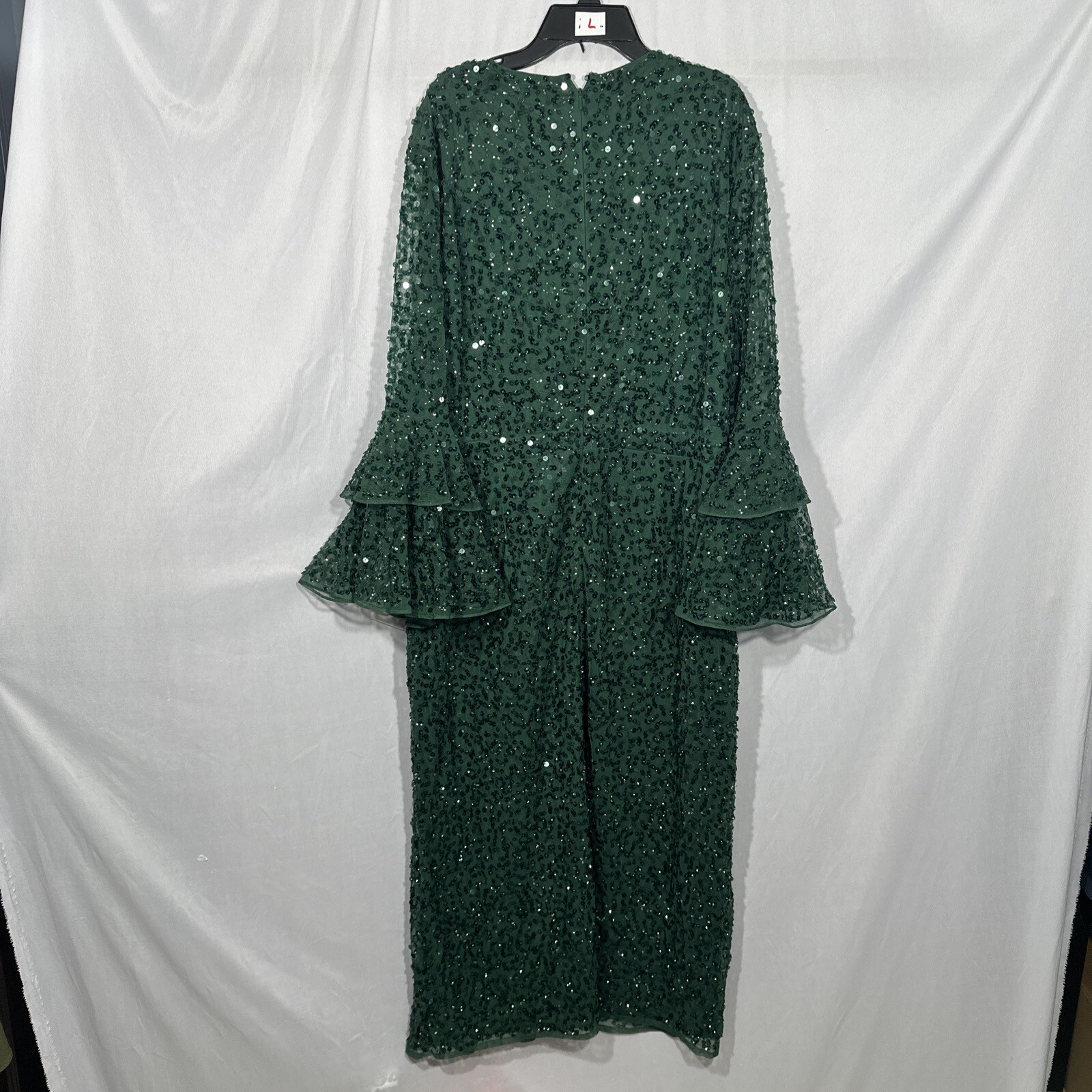 NWT $458 Mac Duggal [ 18 ] Sequined Ruffle Tiered Midi Dress Emerald #G1281