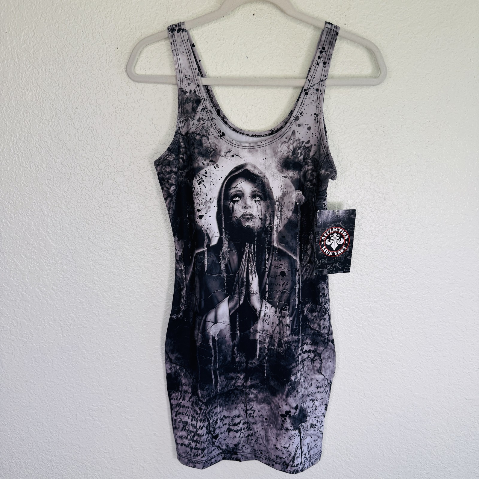 Affliction Dress Womens Medium Praying Woman Mourning Graphic Tankdress Goth Emo
