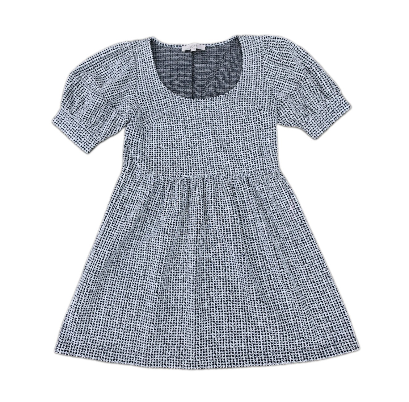 LOFT Women’s Black/White Gingham Fit & Flare Scoop Neck Puff Sleeve M