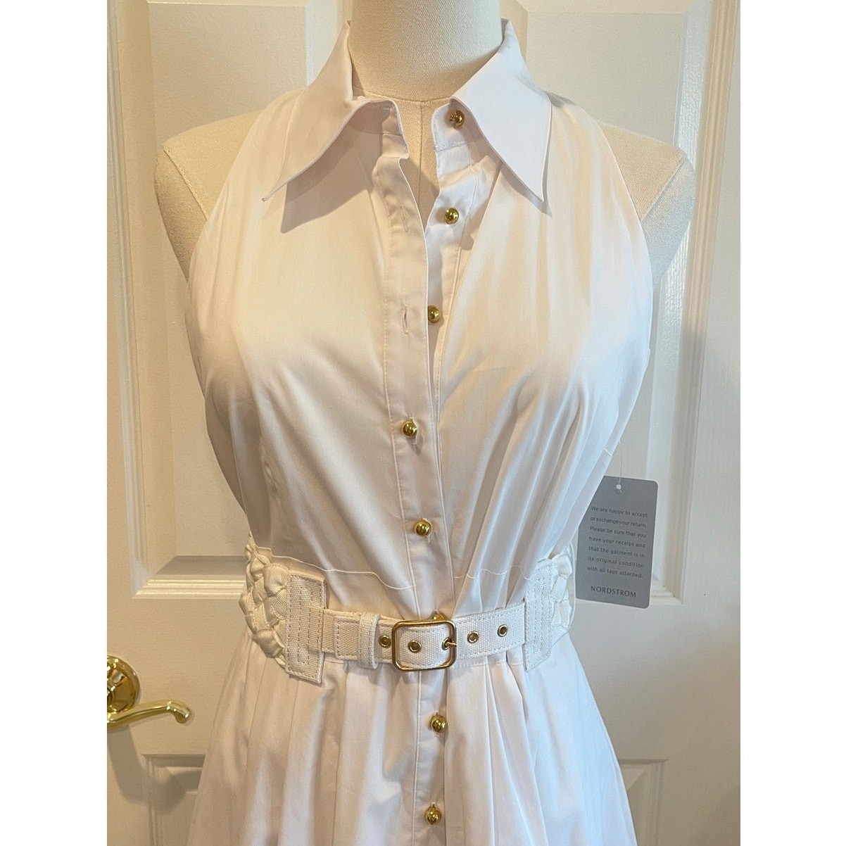 Chetta B White Cotton Blend Sleeveless Belted Midi Shirt Dress Coquette Size 6
