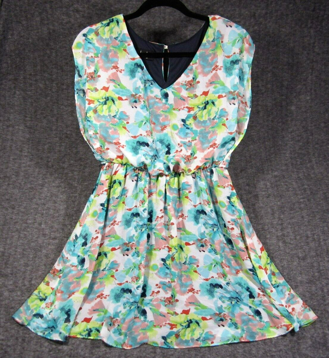 Vtg BY & BY Mini Dress Womens S Teal Floral Keyhole V Neck Sheer Lined Flowy Y2K