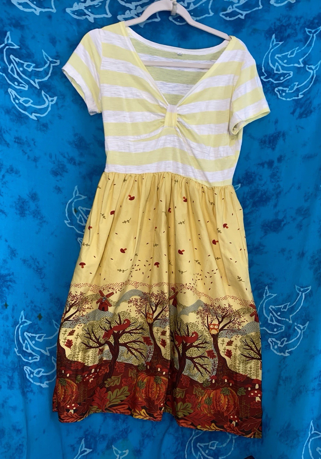 Cute Woodland Owl Squirrel Mushroom Tree Print Yellow Orange Cotton Fall Dress L
