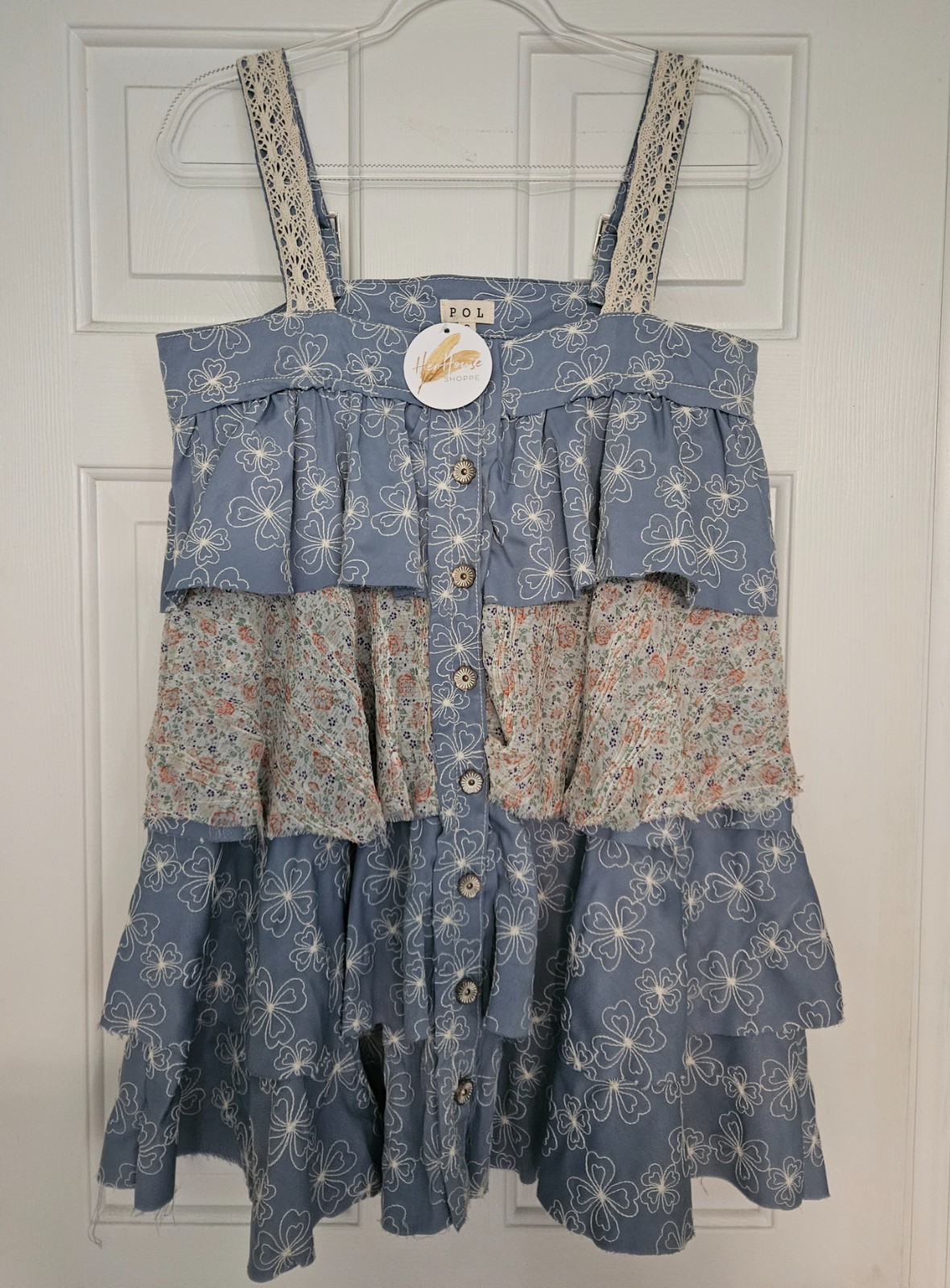 ‘POL’ Leo embroidered overall dress. Size: Small