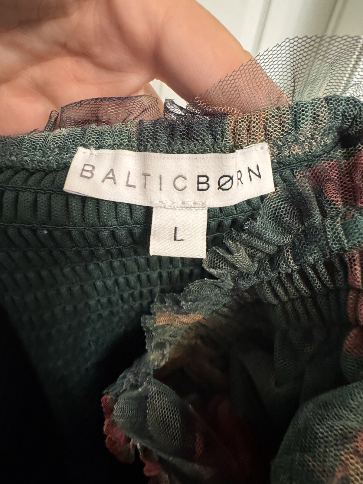 Baltic Born Green Floral Smocked Midi Dress L Tulle Puff Sleeve Cottagecore