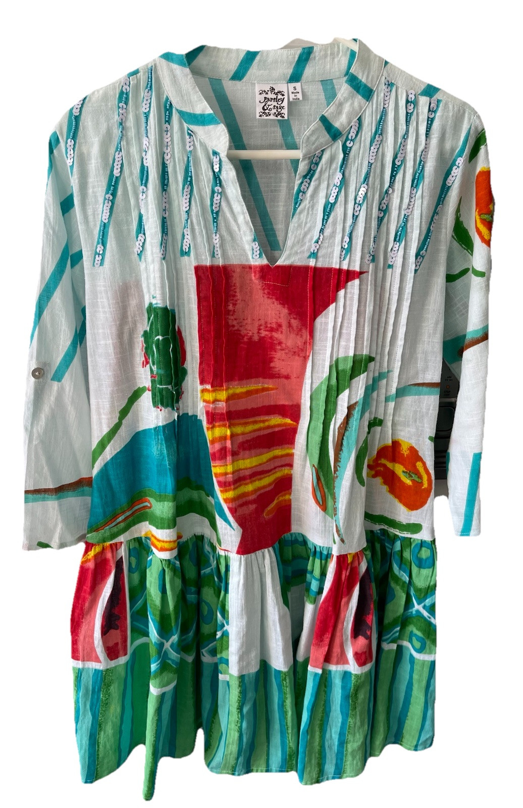 Women’s Small Midi Dress Boho Tiered Ruffle Pleated Front Geometric Art 2 Wear