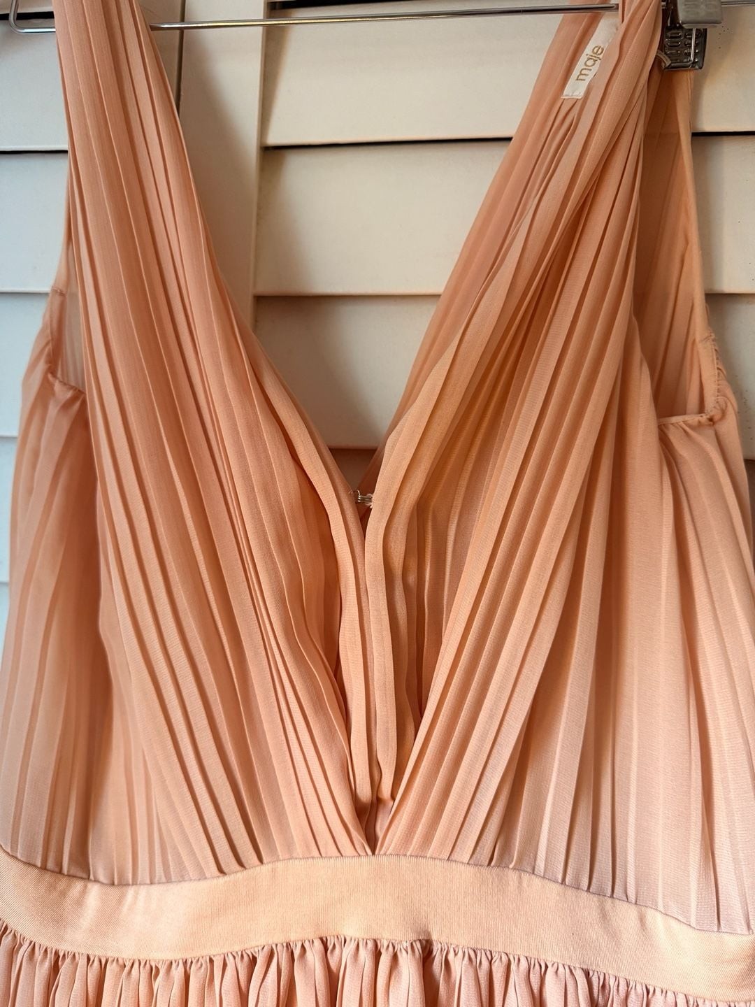 Maje Peach Pleated V-Neck Sleeveless Midi Dress