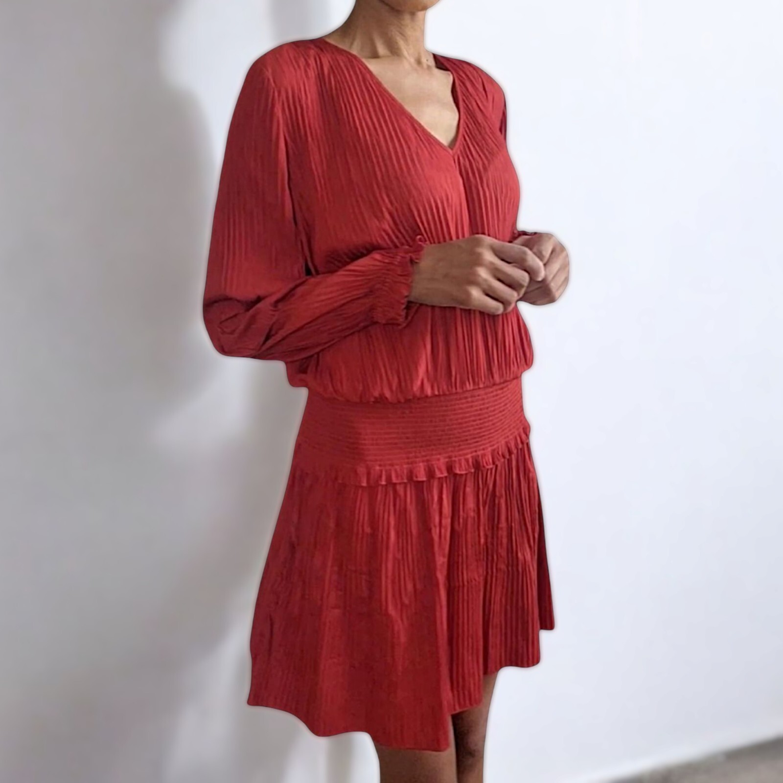 Chelsea28 Red Pleated Long Sleeve Mini Dress Smocked Waist V-Neck Boho Chi Small