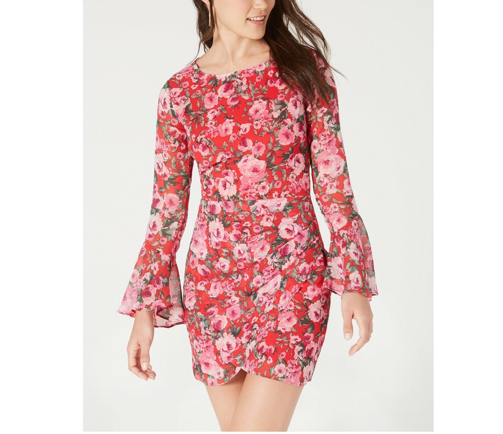 B Darlin Junior Womens 3/4 Red Pink Green Floral Open Back Bodycon Dress NWT