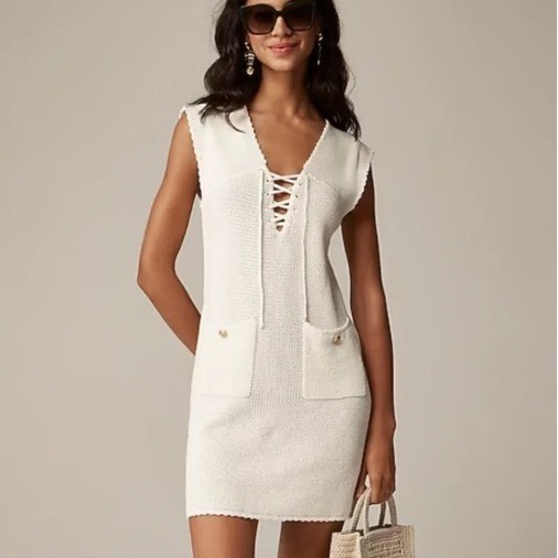J.Crew Womens Ivory Lace Up Sweater Dress CA650 Pointelle Knit Gold Button Small