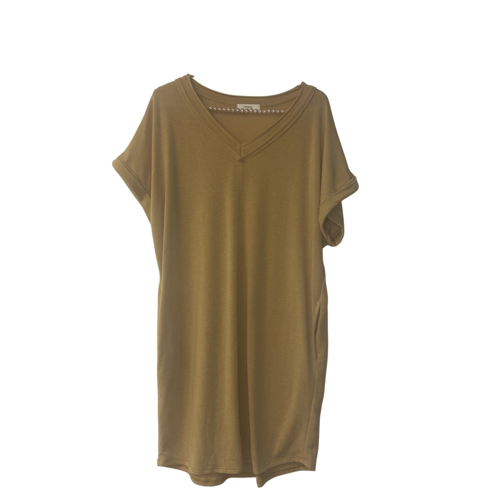 Cherish Womens V-Neck Short Sleeve T-Shirt Dress Tan Mustard with Pockets