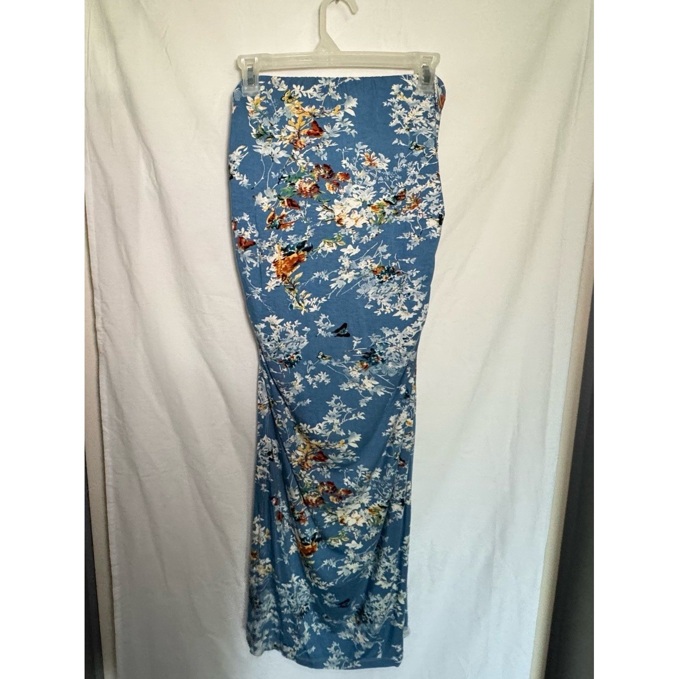 Blue Floral Butterfly Strapless Maxi Dress Ruched Sides with Side Slit-Size L