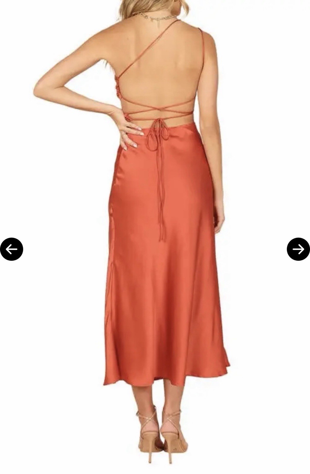 Petal & Pup Forelle One-Shoulder Cut Out Satin Midi Dress in Rust/Copper XL NWT