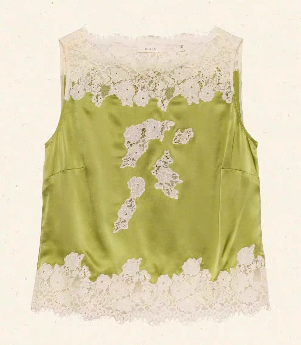Doen lace patchwork silk vest shorts set