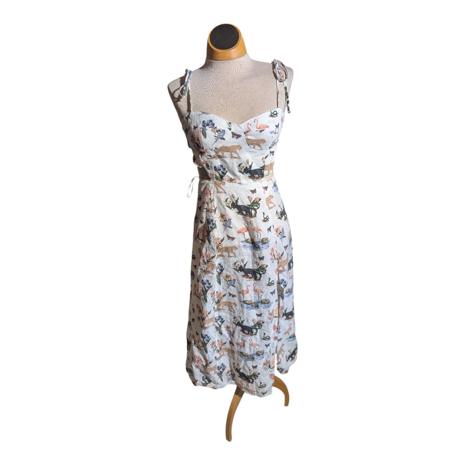Reformation Alessa Janeiro Ivory Jungle Animal Print Cutout Linen Midi Dress 0