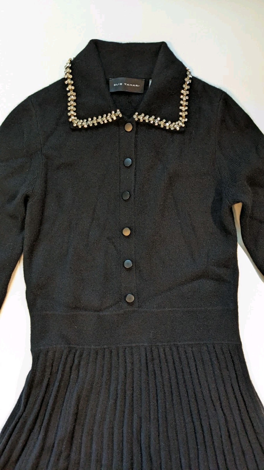 Elie Tahari Black Cashmere Crystal Collar Pleated Long Sleeve Dress XS $595 NWT