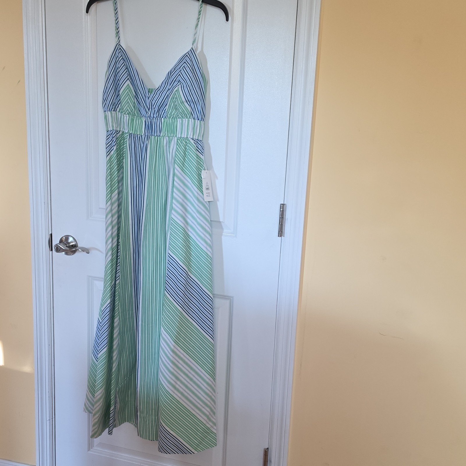 Free Assembly Striped V-Neck Strappy Sleeveless Maxi Dress M Green Blue White