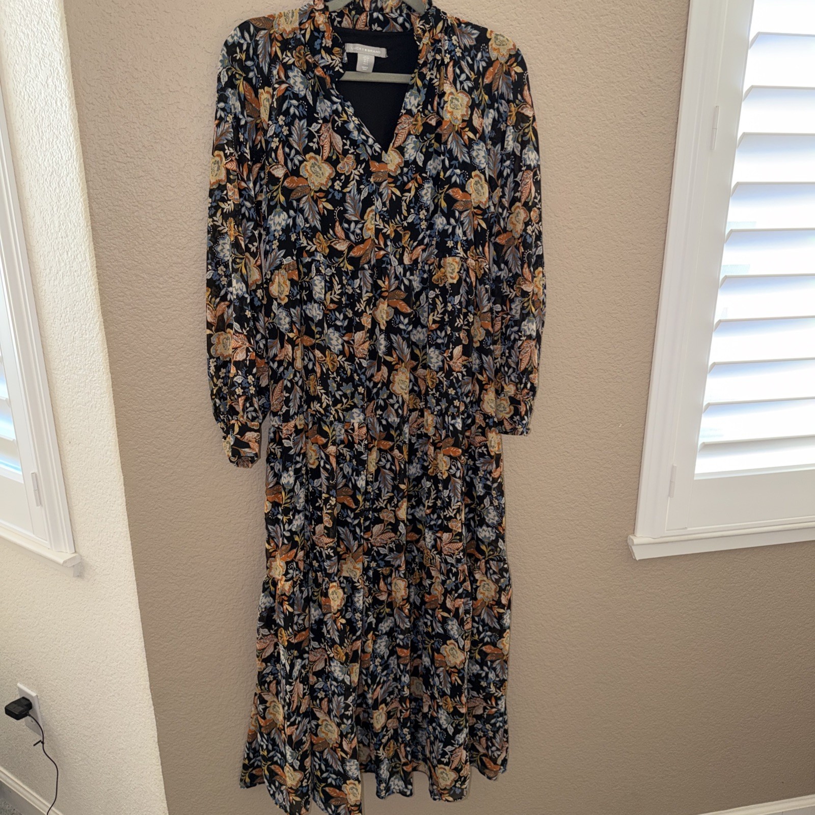Lucky Brand Floral Print Maxi Dress Long Sleeve V Neck Tiered Boho Size S NWOT