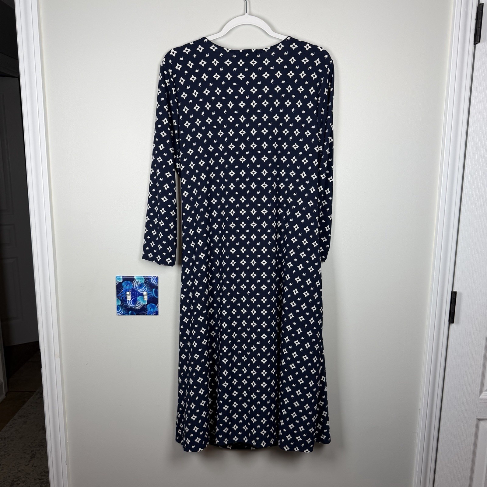 Lauren Ralph Lauren Jersey Knit Navy Blue White Ruched Midi Faux Wrap Dress 1X