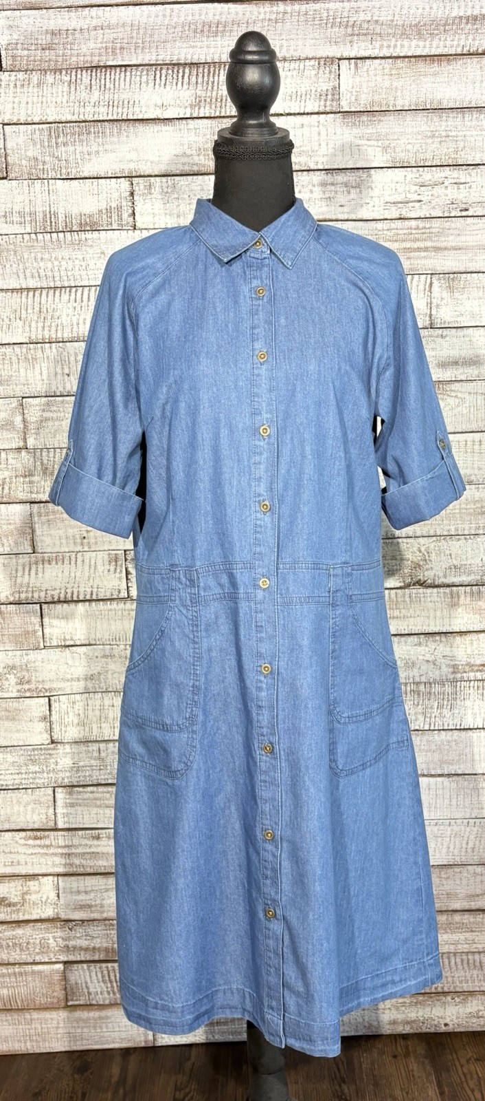 Millennium Denim Dress Women’s Size M Blue Short Sleeve Button Front Maxi Midi